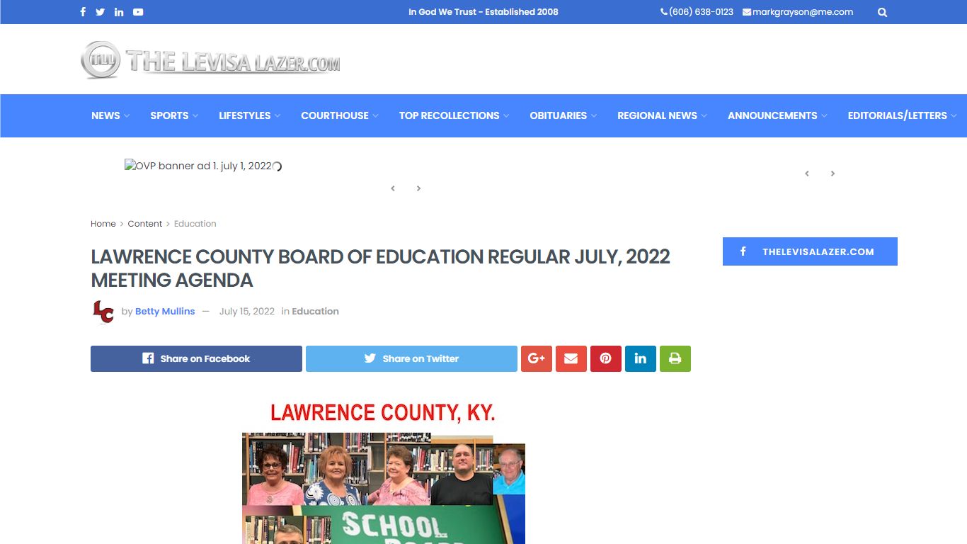 LAWRENCE COUNTY BOARD OF EDUCATION REGULAR JULY, 2022 MEETING AGENDA